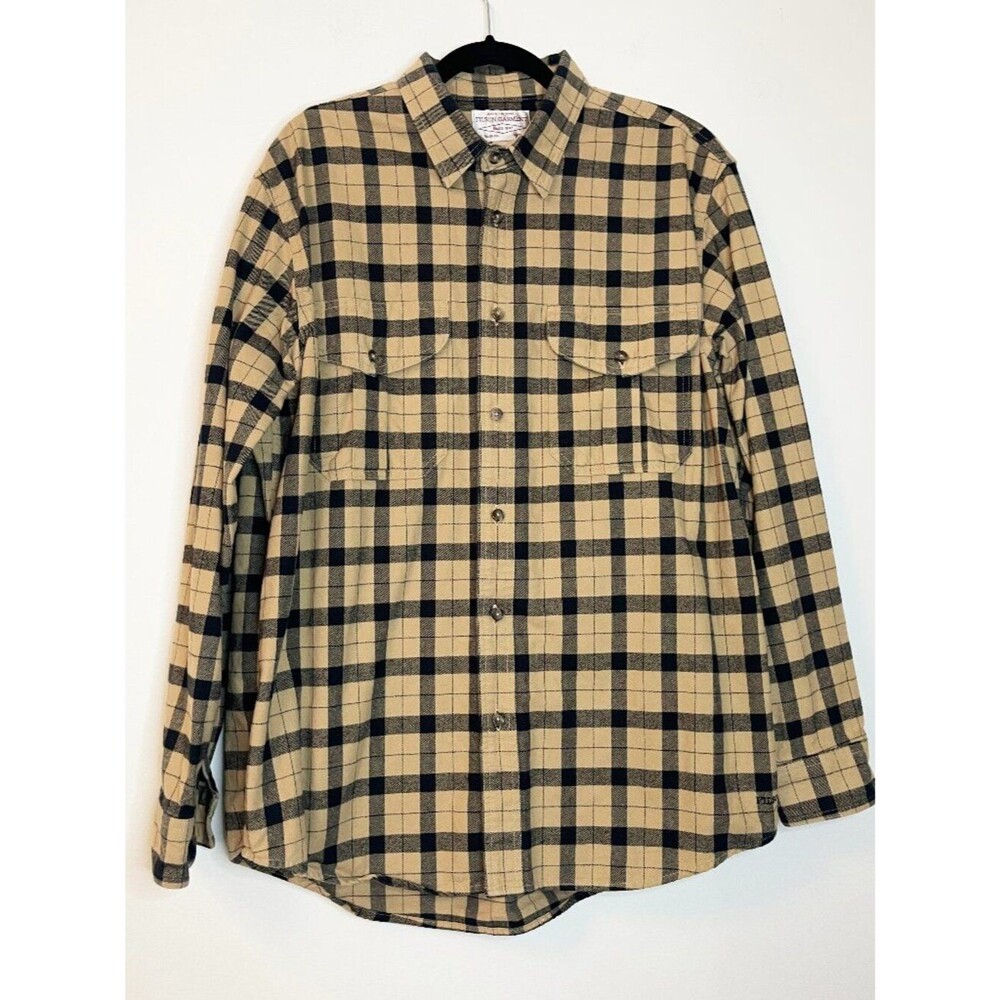Filson Garment XL Tan Black Plaid Flannel Work Shirt 100% Cotton Button Front